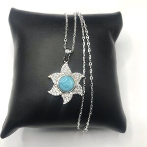 925 Sterling Silver Larimar/ CZ Sunburst Halo Pendant Necklace Size 18”